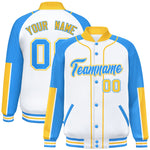 Custom White Powder Blue-Gold Raglan Sleeves Varsity Full-Snap Letterman Baseball Jacket | BuyFootballJersey