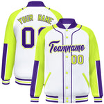Custom White Neon Green-Purple Raglan Sleeves Varsity Full-Snap Letterman Baseball Jacket | BuyFootballJersey