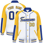 Custom White Gold-Royal Raglan Sleeves Varsity Full-Snap Letterman Baseball Jacket | BuyFootballJersey