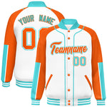 Custom White Orange-Bright Green Raglan Sleeves Varsity Full-Snap Letterman Baseball Jacket | BuyFootballJersey