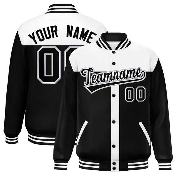 Custom White Black Color Block Bomber Varsity Baseball Jacket | BuyFootballJersey