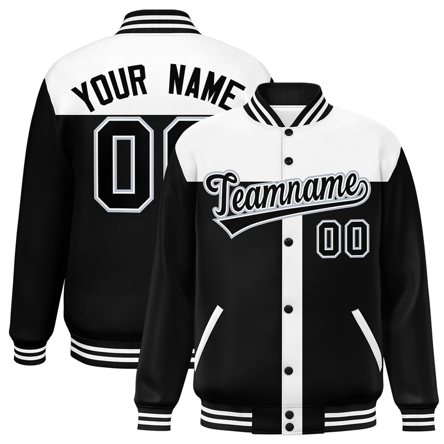 Custom White Black Color Block Bomber Varsity Baseball Jacket | BuyFootballJersey