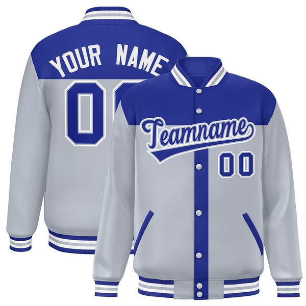 Custom Royal Silver Color Block Bomber Varsity Baseball Jacket | BuyFootballJersey