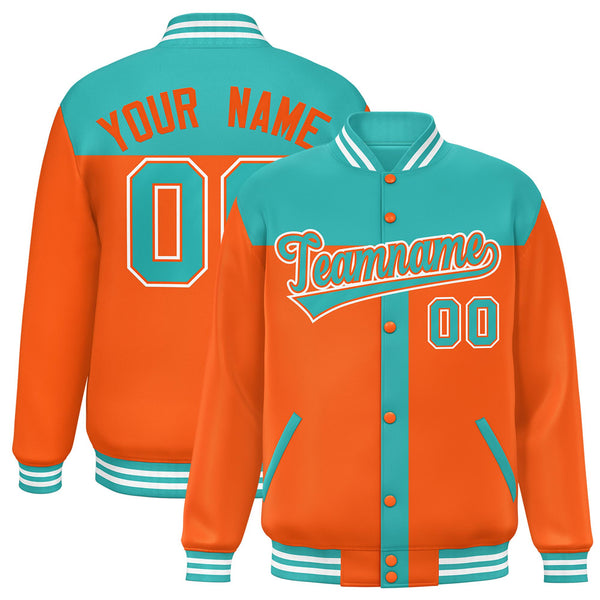 Custom Aqua Orange Color Block Bomber Varsity Baseball Jacket | BuyFootballJersey
