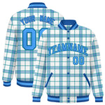 Custom White Aqua Varsity Full-Snap Plaid Pattern Letterman Baseball Jacket | BuyFootballJersey