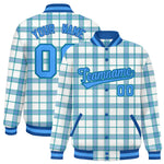Custom White Aqua Varsity Full-Snap Plaid Pattern Letterman Baseball Jacket | BuyFootballJersey