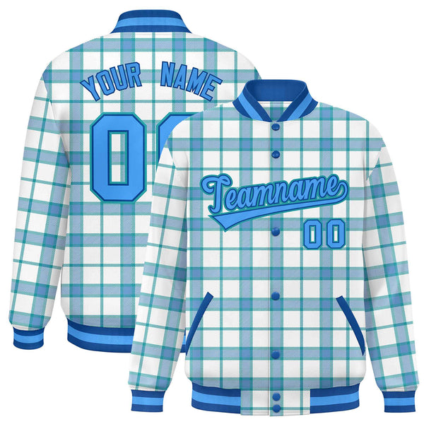 Custom White Aqua Varsity Full-Snap Plaid Pattern Letterman Baseball Jacket | BuyFootballJersey
