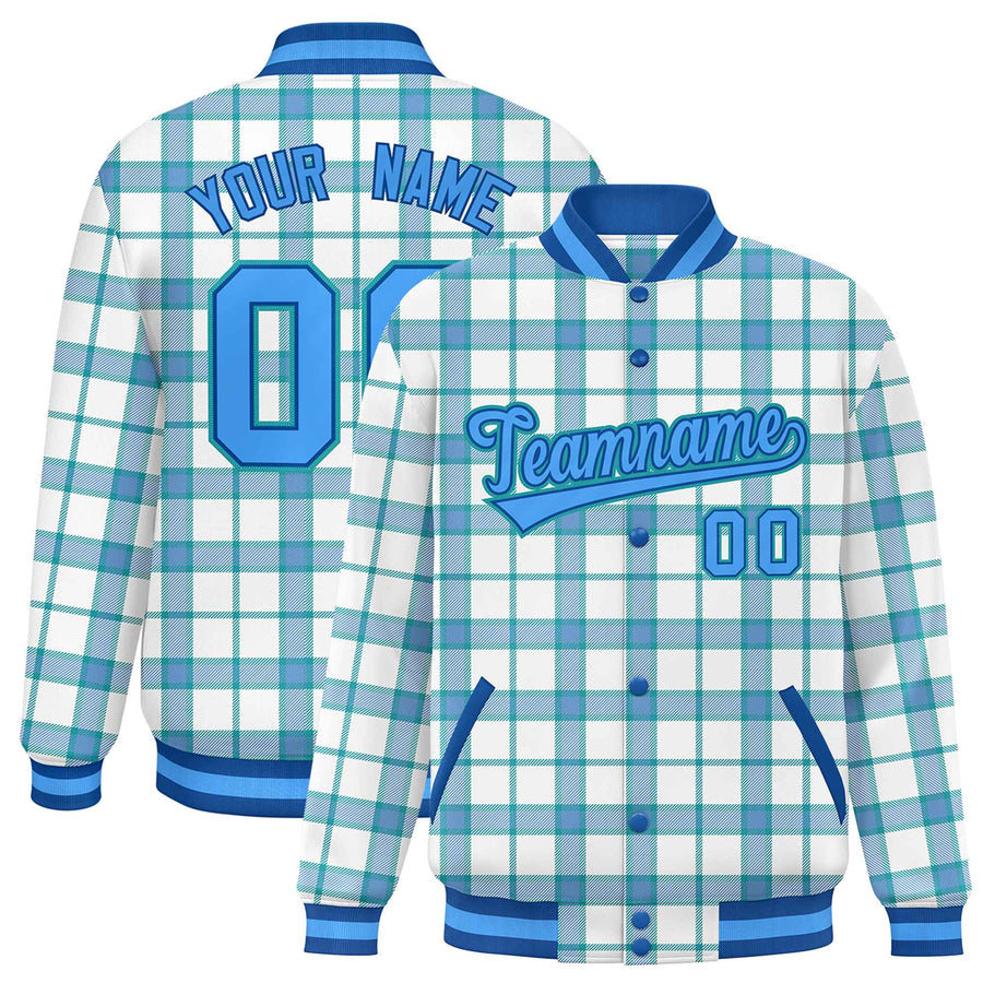 Custom White Aqua Varsity Full-Snap Plaid Pattern Letterman Baseball Jacket | BuyFootballJersey