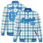 Custom White Aqua Varsity Full-Snap Plaid Pattern Letterman Baseball Jacket | BuyFootballJersey