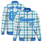 Custom White Aqua Varsity Full-Snap Plaid Pattern Letterman Baseball Jacket | BuyFootballJersey