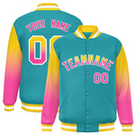 Custom Aqua Gold-Pink Gradient Varsity Full-Snap Raglan Sleeves Baseball Jacket | BuyFootballJersey