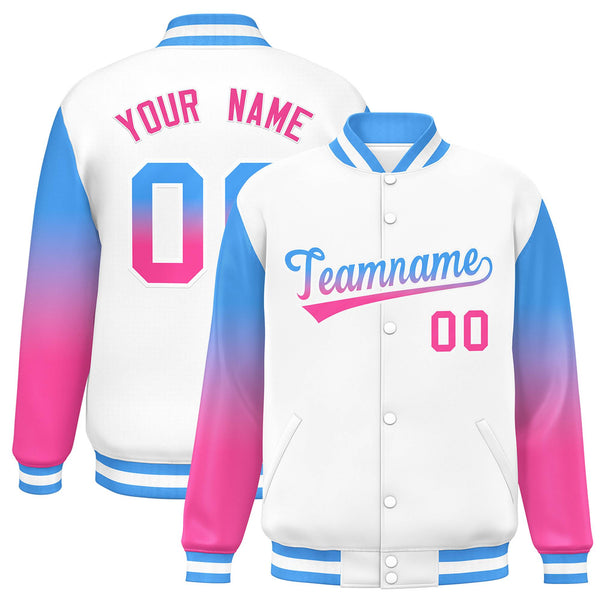 Custom White Powder Blue-Pink Gradient Varsity Full-Snap Raglan Sleeves Baseball Jacket | BuyFootballJersey