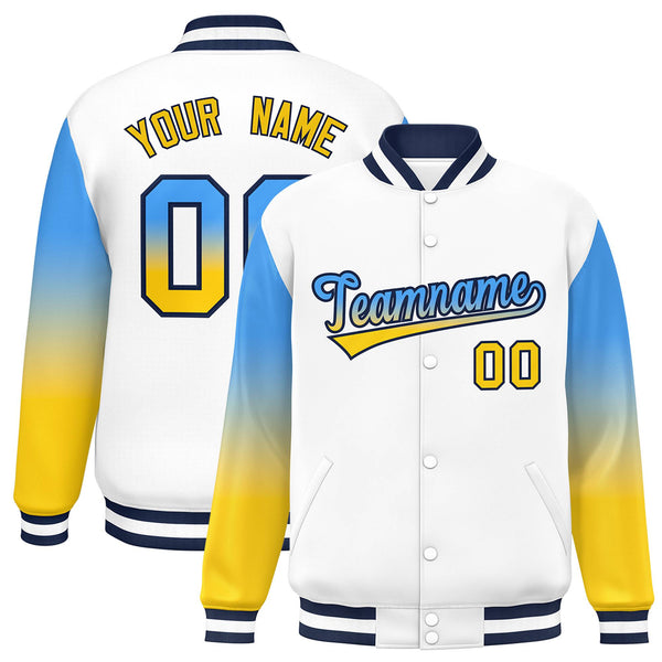 Custom White Powder Blue-Gold Gradient Varsity Full-Snap Raglan Sleeves Baseball Jacket | BuyFootballJersey