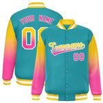 Custom Aqua Gold-Pink Gradient Varsity Full-Snap Raglan Sleeves Baseball Jacket | BuyFootballJersey
