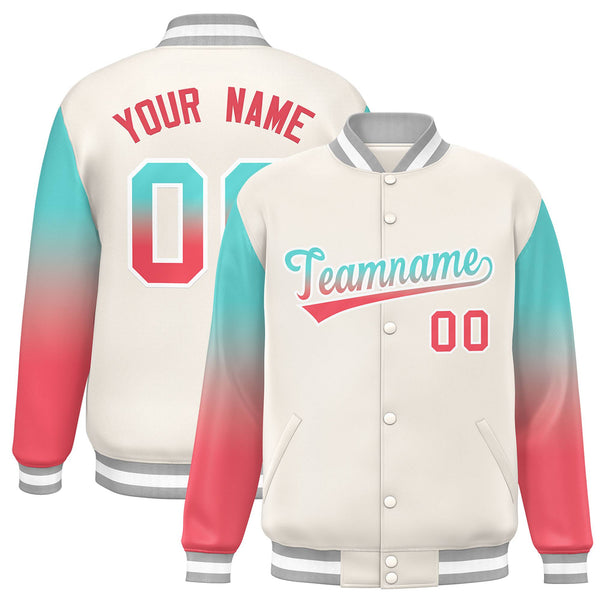Custom White Bright Green-Light Red Gradient Varsity Full-Snap Raglan Sleeves Baseball Jacket | BuyFootballJersey