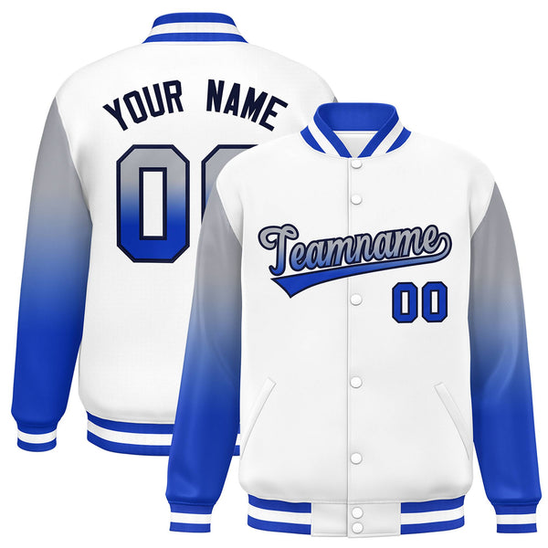 Custom White Gray-Royal Gradient Varsity Full-Snap Raglan Sleeves Baseball Jacket | BuyFootballJersey