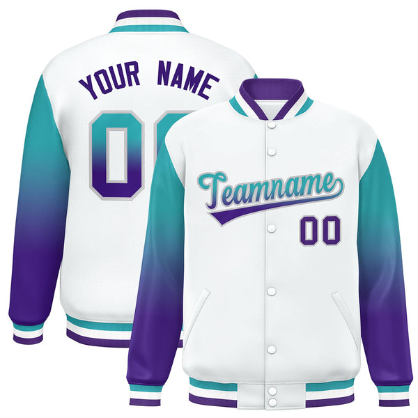 Custom White Aqua-Purple Gradient Varsity Full-Snap Raglan Sleeves Baseball Jacket | BuyFootballJersey