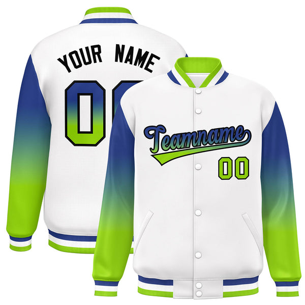 Custom White Royal-Green Gradient Varsity Full-Snap Raglan Sleeves Baseball Jacket | BuyFootballJersey