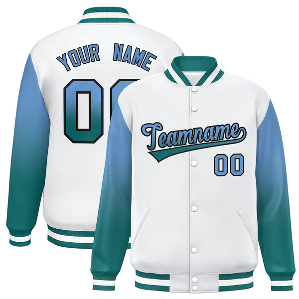 Custom White Light Blue-Aqua Gradient Varsity Full-Snap Raglan Sleeves Baseball Jacket | BuyFootballJersey