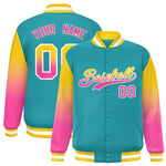 Custom Aqua Gold-Pink Gradient Varsity Full-Snap Raglan Sleeves Baseball Jacket | BuyFootballJersey