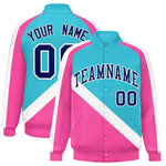 Custom Sky Blue Pink Raglan Sleeves Varsity Full-Snap Letterman Baseball Jacket | BuyFootballJersey