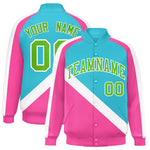 Custom Sky Blue Pink Raglan Sleeves Varsity Full-Snap Letterman Baseball Jacket | BuyFootballJersey