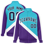 Custom Sky Blue Purple Raglan Sleeves Varsity Full-Snap Letterman Baseball Jacket | BuyFootballJersey