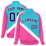 Custom Sky Blue Pink Raglan Sleeves Varsity Full-Snap Letterman Baseball Jacket | BuyFootballJersey