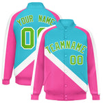 Custom Sky Blue Pink Raglan Sleeves Varsity Full-Snap Letterman Baseball Jacket | BuyFootballJersey