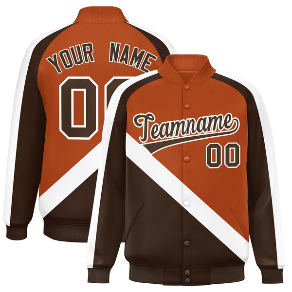 Custom Texas Orange Brown Raglan Sleeves Varsity Full-Snap Letterman Baseball Jacket | BuyFootballJersey