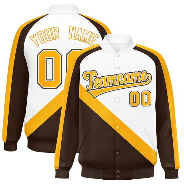 Custom White Brown Raglan Sleeves Varsity Full-Snap Letterman Baseball Jacket | BuyFootballJersey