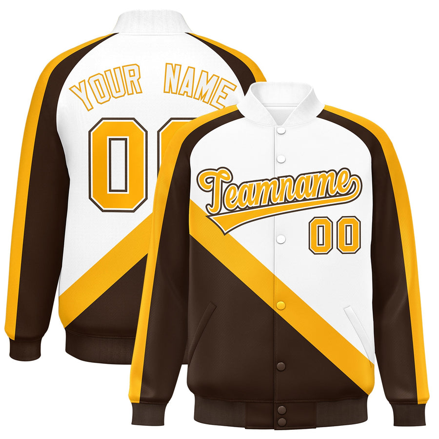 Custom White Brown Raglan Sleeves Varsity Full-Snap Letterman Baseball Jacket | BuyFootballJersey