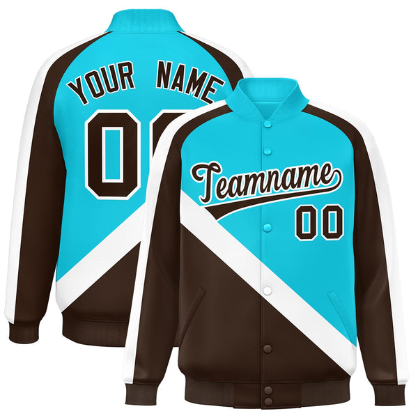 Custom Sky Blue Brown Raglan Sleeves Varsity Full-Snap Letterman Baseball Jacket | BuyFootballJersey