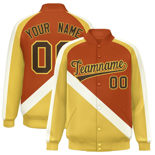 Custom Texas Orange Khaki Raglan Sleeves Varsity Full-Snap Letterman Baseball Jacket | BuyFootballJersey