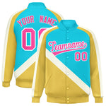 Custom Sky Blue Khaki Raglan Sleeves Varsity Full-Snap Letterman Baseball Jacket | BuyFootballJersey