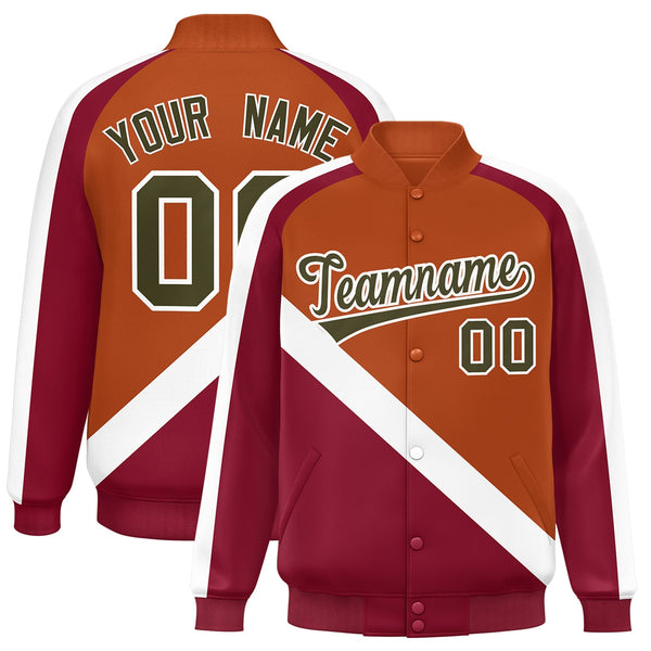 Custom Texas Orange Crimson Raglan Sleeves Varsity Full-Snap Letterman Baseball Jacket | BuyFootballJersey