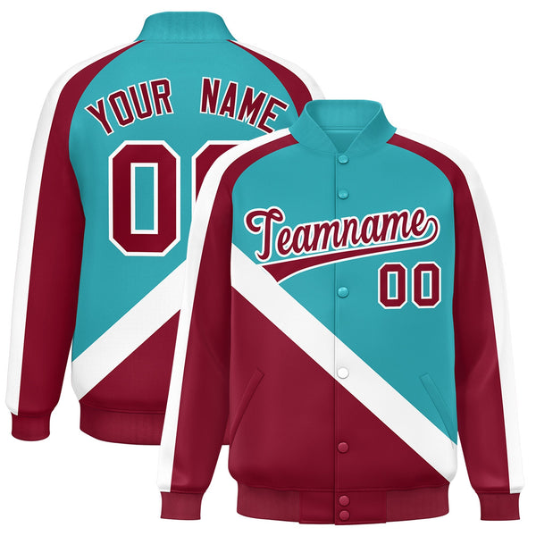Custom Aqua Crimson Raglan Sleeves Varsity Full-Snap Letterman Baseball Jacket | BuyFootballJersey