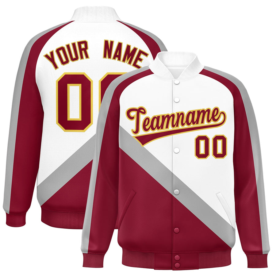 Custom White Crimson Raglan Sleeves Varsity Full-Snap Letterman Baseball Jacket | BuyFootballJersey