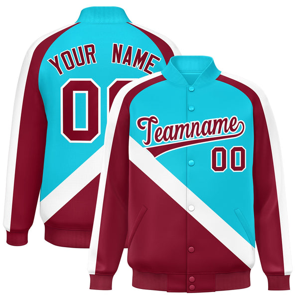 Custom Sky Blue Crimson Raglan Sleeves Varsity Full-Snap Letterman Baseball Jacket | BuyFootballJersey
