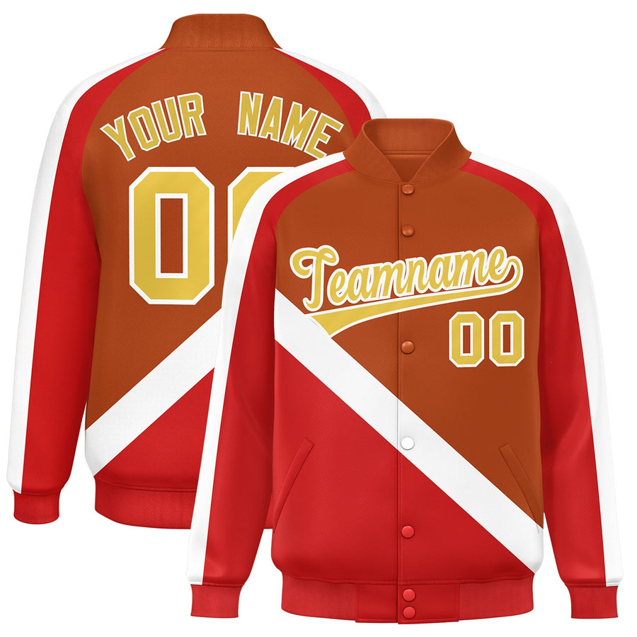 Custom Texas Orange Red Raglan Sleeves Varsity Full-Snap Letterman Baseball Jacket | BuyFootballJersey