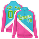 Custom Sky Blue Pink Raglan Sleeves Varsity Full-Snap Letterman Baseball Jacket | BuyFootballJersey