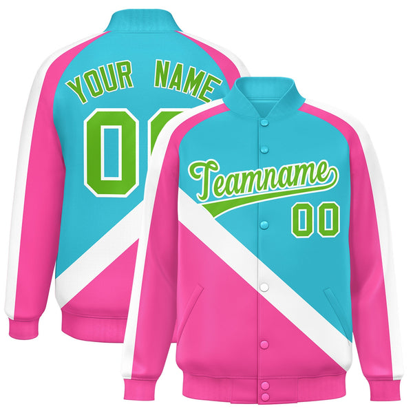 Custom Sky Blue Pink Raglan Sleeves Varsity Full-Snap Letterman Baseball Jacket | BuyFootballJersey