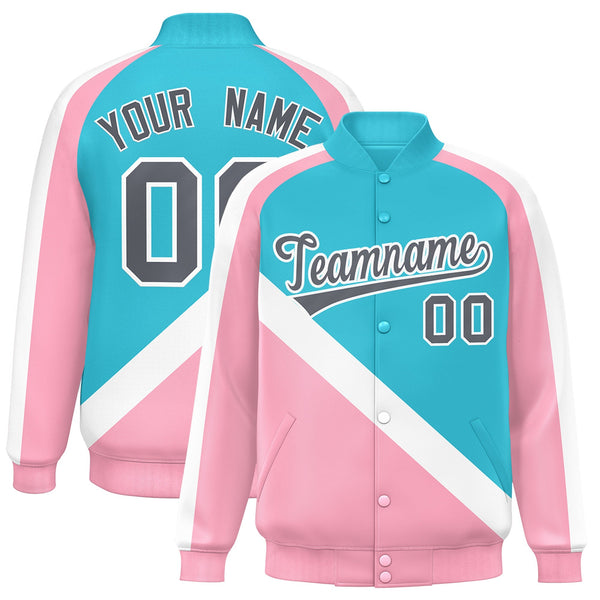 Custom Sky Blue Light Pink Raglan Sleeves Varsity Full-Snap Letterman Baseball Jacket | BuyFootballJersey