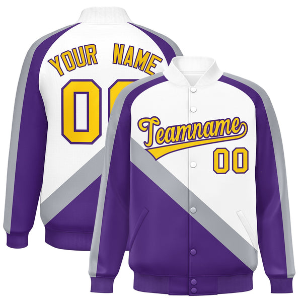Custom White Purple Raglan Sleeves Varsity Full-Snap Letterman Baseball Jacket | BuyFootballJersey
