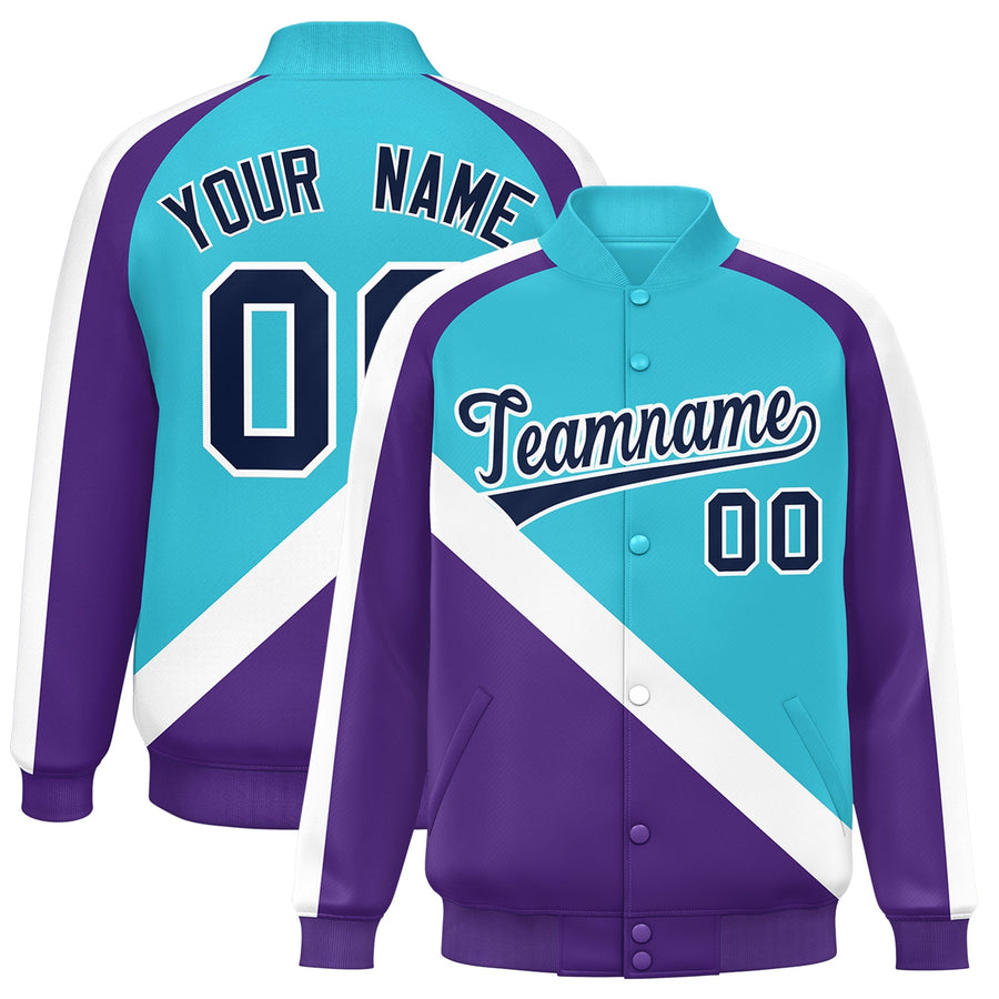 Custom Sky Blue Purple Raglan Sleeves Varsity Full-Snap Letterman Baseball Jacket | BuyFootballJersey
