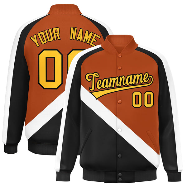 Custom Texas Orange Black Raglan Sleeves Varsity Full-Snap Letterman Baseball Jacket | BuyFootballJersey