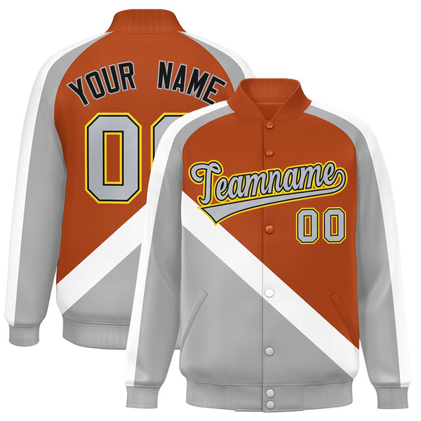 Custom Texas Orange Gray Raglan Sleeves Varsity Full-Snap Letterman Baseball Jacket | BuyFootballJersey