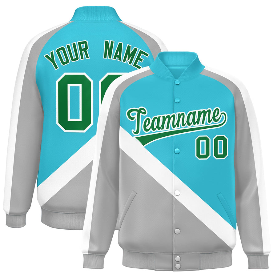 Custom Sky Blue Gray Raglan Sleeves Varsity Full-Snap Letterman Baseball Jacket | BuyFootballJersey