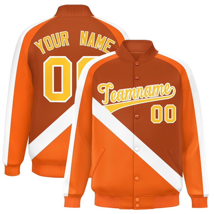 Custom Texas Orange Orange Raglan Sleeves Varsity Full-Snap Letterman Baseball Jacket | BuyFootballJersey