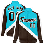 Custom Sky Blue Brown Raglan Sleeves Varsity Full-Snap Letterman Baseball Jacket | BuyFootballJersey